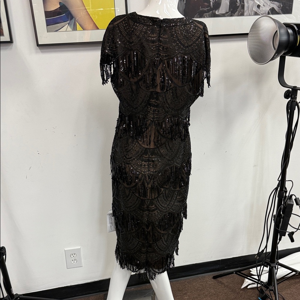 Tadashi Shoji Black Sequin Midi Dress with Fringe NWT - Picture 5 of 8